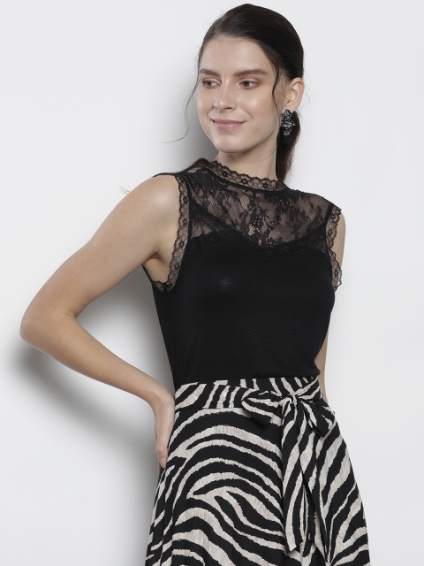 

DOROTHY PERKINS Women Petite Black Lace Detail Solid Top