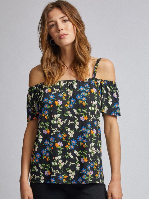 

DOROTHY PERKINS Women Black & Blue Floral Print Bardot Top