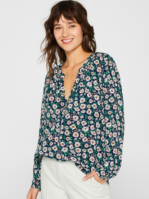 

ESPRIT Women Navy Blue & White Floral Printed Top