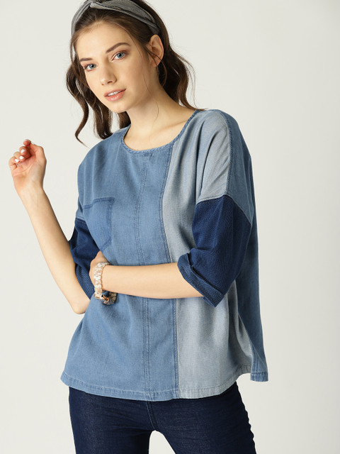 

ESPRIT Women Blue Colourblocked Chambray Boxy Top