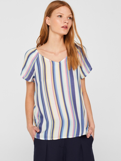

ESPRIT Women White & Blue Striped Top