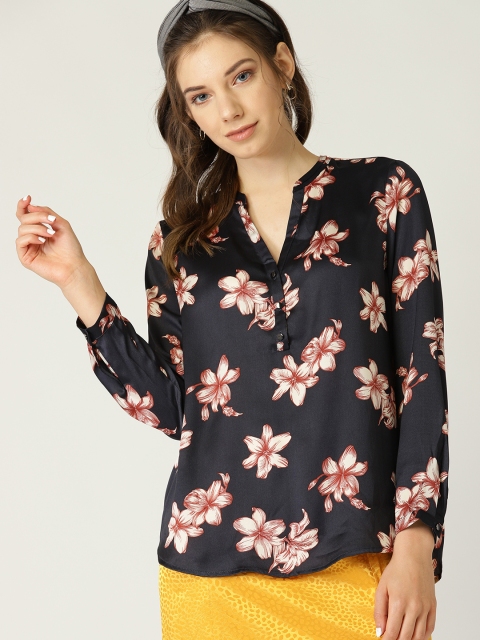 

ESPRIT Women Black & Off-White Floral Print Shirt Style Top