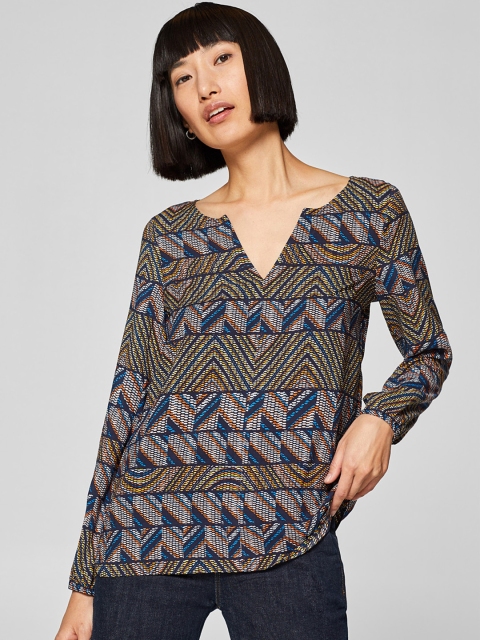 

ESPRIT Women Navy Blue & Yellow Printed Top