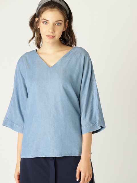 

ESPRIT Women Blue Solid Styled Back Chambray Top
