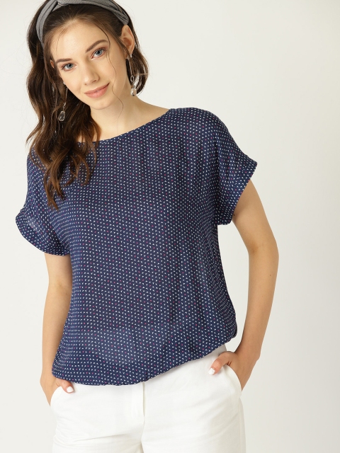 

ESPRIT Women Navy Blue & White Printed Semi-Sheer Blouson Top