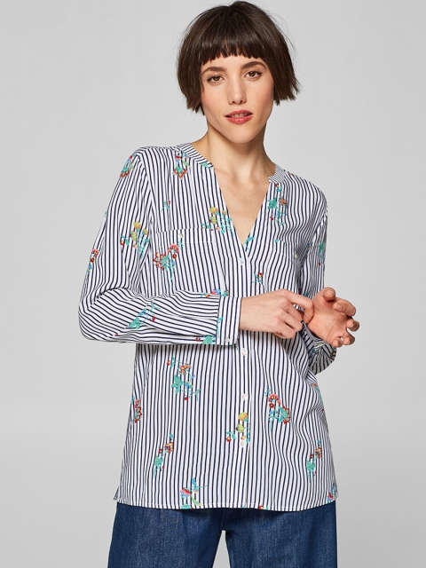 

ESPRIT Women White & Navy Blue Regular Fit Striped Casual Shirt