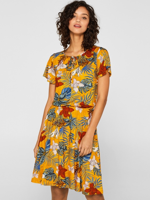 

ESPRIT Women Mustard Yellow & Blue Tropical Printed Fit & Flare Dress