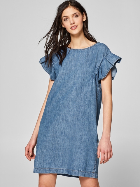 

ESPRIT Women Blue Solid Denim Shift Dress