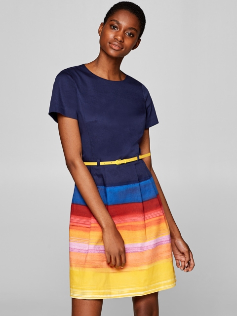 

ESPRIT Women Navy Blue & Yellow Striped Sheath Dress