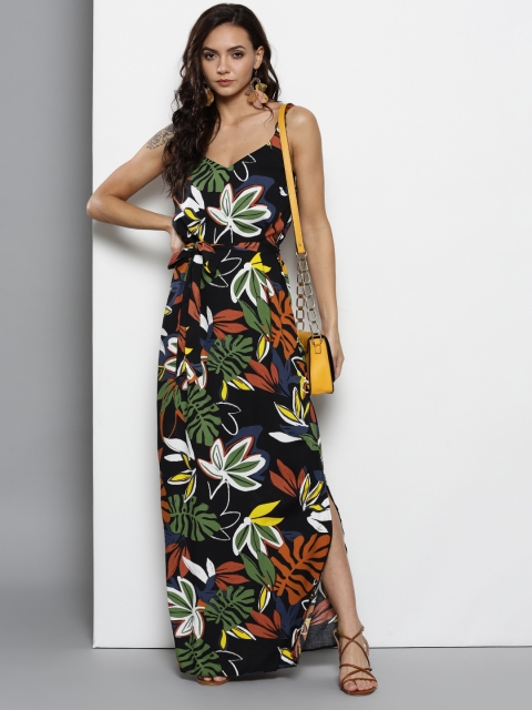 

DOROTHY PERKINS Women Black & Olive Green Tropical Printed Maxi Dress