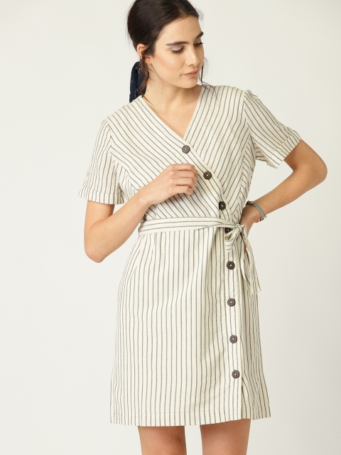 

ESPRIT Women Off-White & Charcoal Grey Striped Wrap Dress