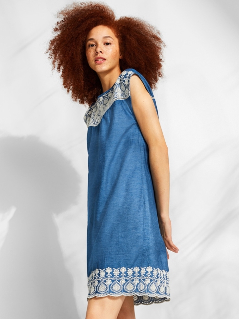 

ESPRIT Women Blue Solid Denim A-Line Dress