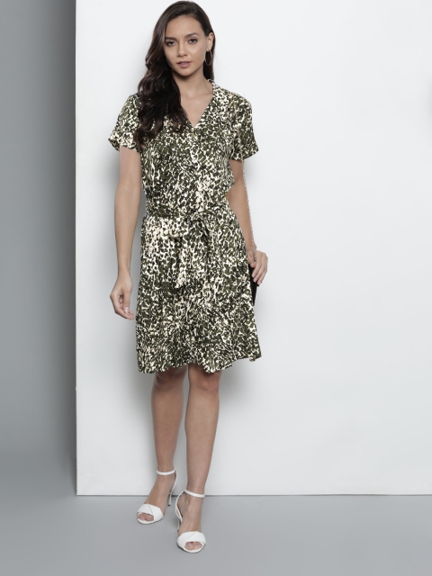 

DOROTHY PERKINS Women White & Olive Green Printed Shirt Dress