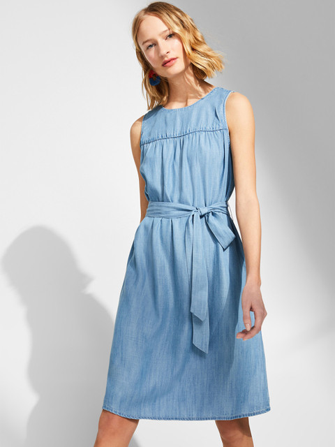 

ESPRIT Women Blue Solid Chambray A-Line Dress