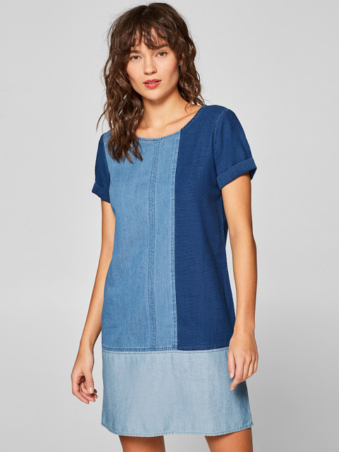 

ESPRIT Women Blue Colourblocked Chambray T-shirt Dress