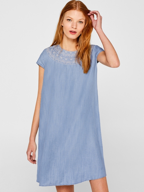 

ESPRIT Women Blue Chambray Solid A-Line Dress