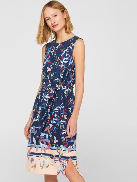 

ESPRIT Women Blue & Peach-Coloured Floral Printed A-Line Dress