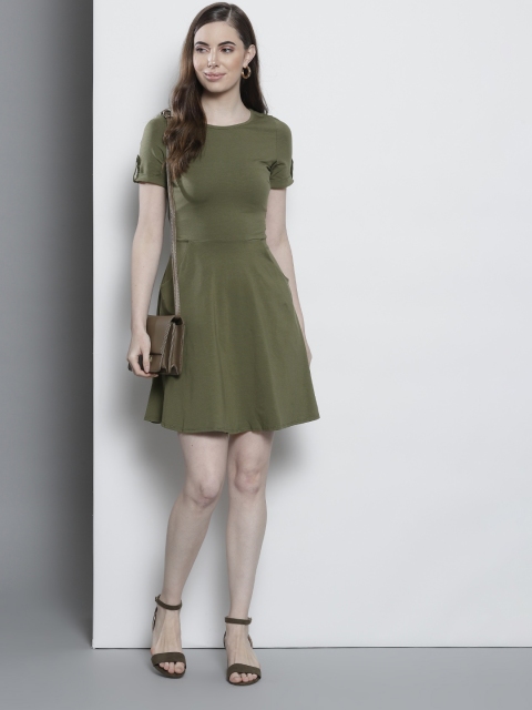 

DOROTHY PERKINS Women Olive Green Solid Fit & Flare Dress