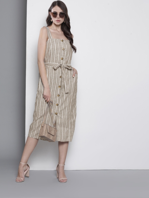 

DOROTHY PERKINS Women Beige & White Striped A-Line Dress With Belt
