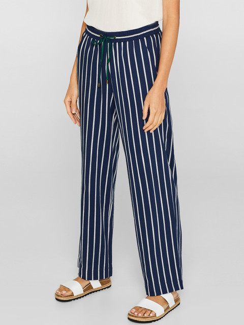 

ESPRIT Women Navy Blue & White Regular Fit Striped Parallel Trousers