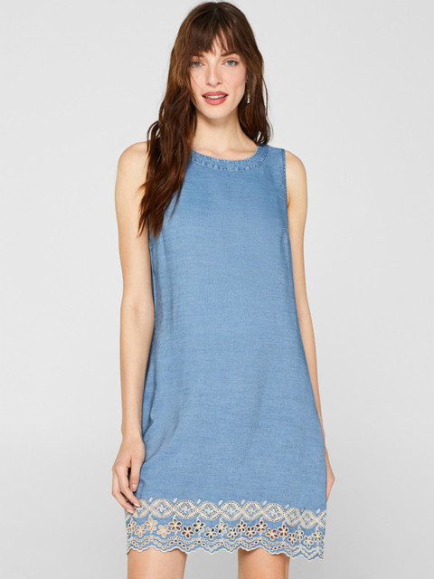 

ESPRIT Women Blue & White Solid Chambray A-Line Dress