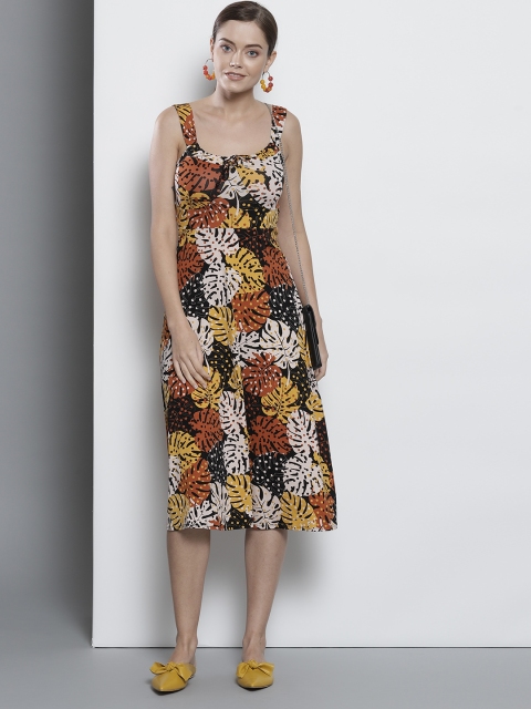 

DOROTHY PERKINS Women Black & Mustard Brown Printed A-Line Dress