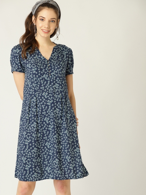 

ESPRIT Women Navy Blue & White Floral Print A-Line Dress