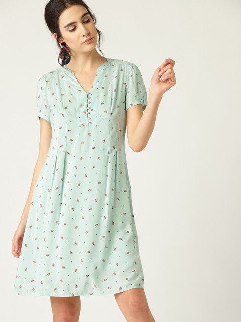 

ESPRIT Women Sea Green & Orange Floral Print A-Line Dress
