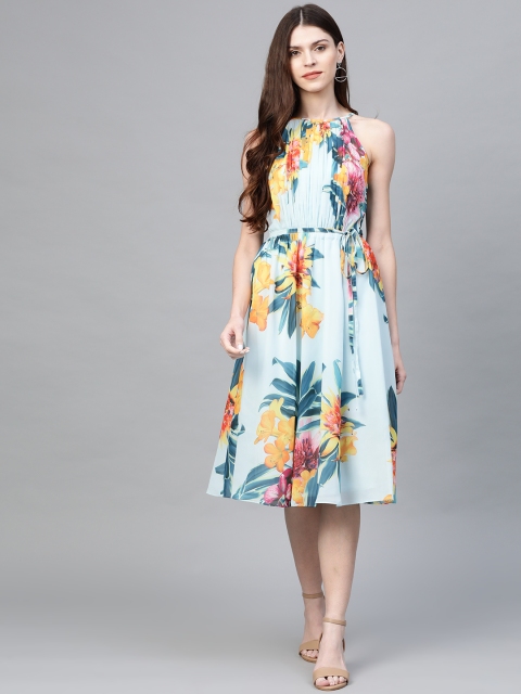 

DOROTHY PERKINS Women Blue & Yellow Tropical Print A-Line Dress