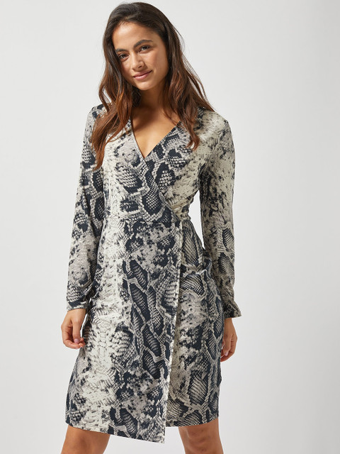 

DOROTHY PERKINS Women Petite Grey & Black Printed Wrap Dress