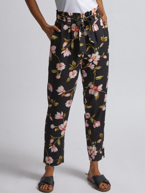 

DOROTHY PERKINS Women Black & Peach-Coloured Print Petite Regular Trousers