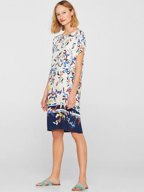 

ESPRIT Women Off-White & Blue Leaf Printed A-Line Dress