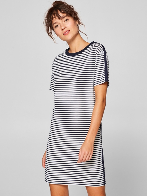 

ESPRIT Women White & Navy Blue Striped T-shirt Dress