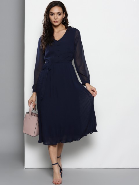 

DOROTHY PERKINS Women Navy Blue Solid Accordion Pleat Midi A-Line Dress