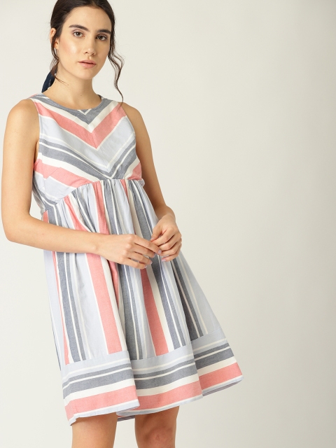 

ESPRIT Women Blue & Red Striped Empire Dress