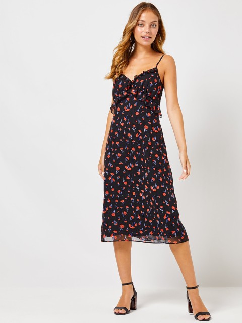 

DOROTHY PERKINS Women Petite Black & Orange Floral Print A-Line Dress