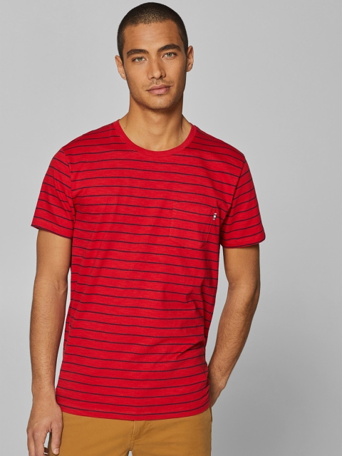 

ESPRIT Men Red & Navy Blue Striped Round Neck T-shirt