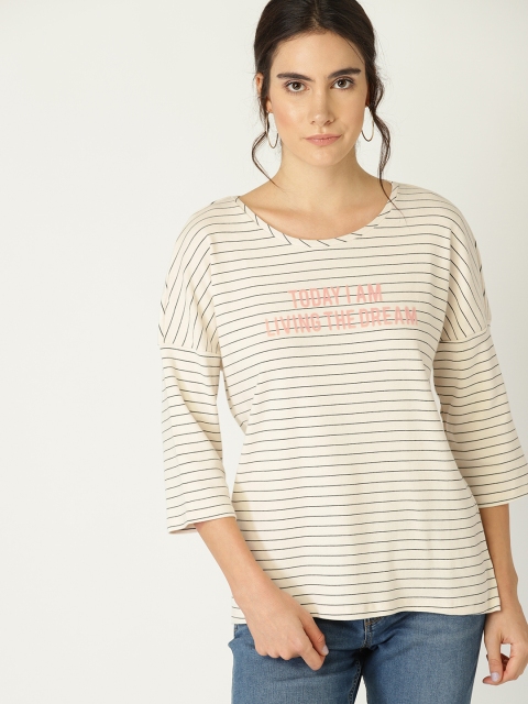 

ESPRIT Women Off-White & Black Striped Round Neck T-shirt