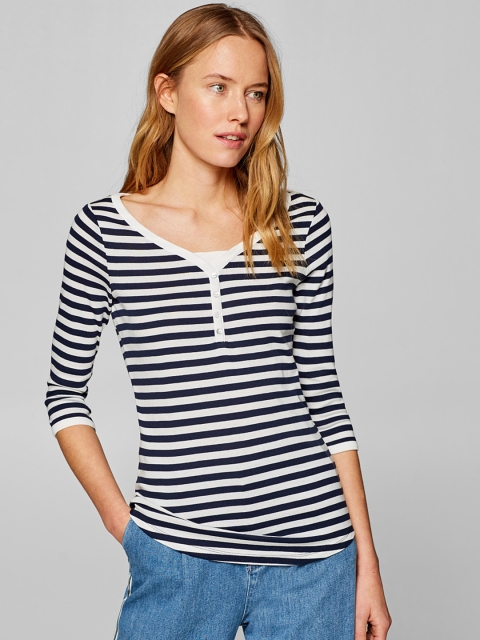 

ESPRIT Women White & Navy Blue Striped Top