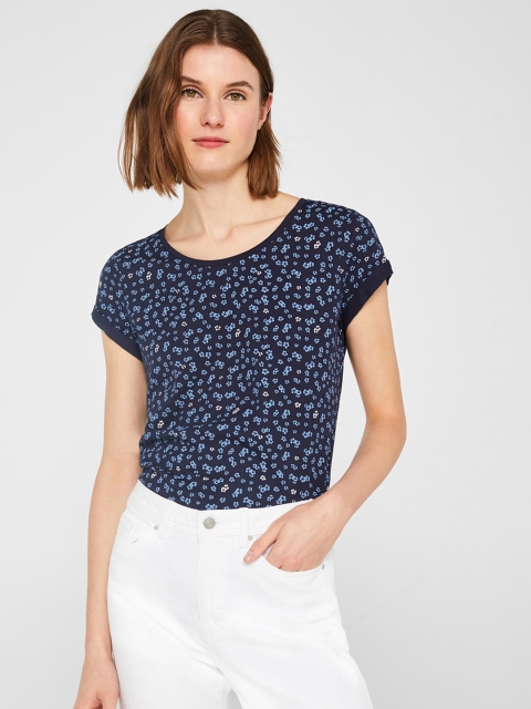 

ESPRIT Women Navy Printed Round Neck T-shirt, Navy blue