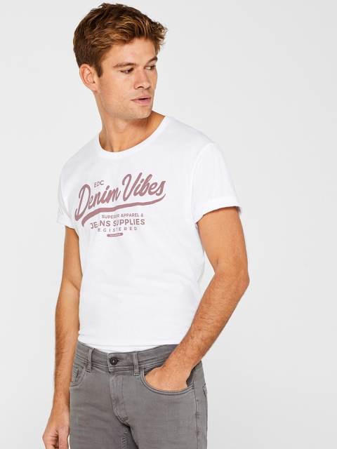 

ESPRIT Men White & Brown Printed Round Neck T-shirt