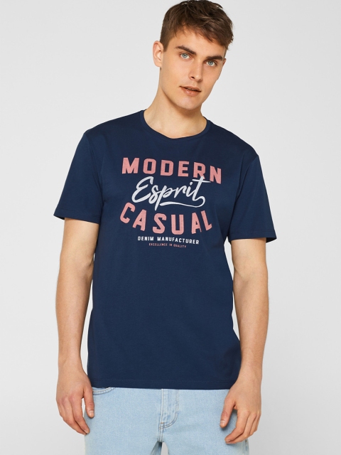 

ESPRIT Men Navy Blue & Peach-Coloured Printed Round Neck T-shirt