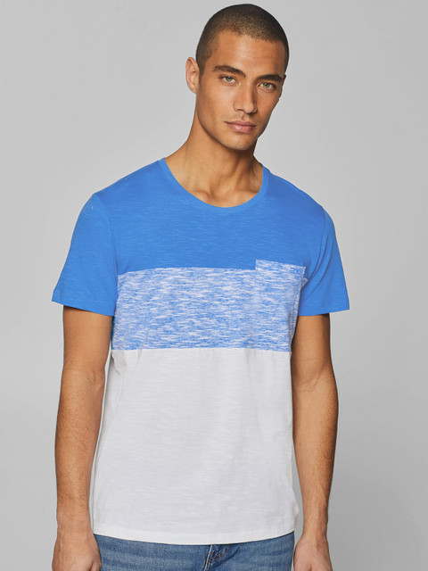 

ESPRIT Men Blue ^ White Colourblocked Round Neck T-shirt