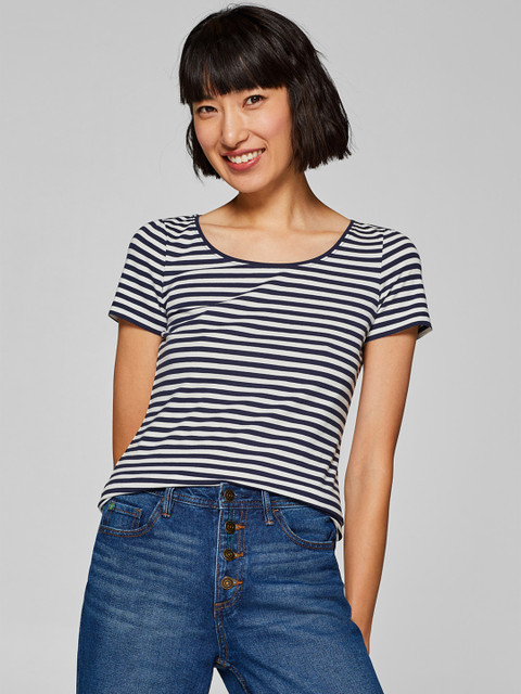 

ESPRIT Women White & Navy Blue Striped Round Neck T-shirt