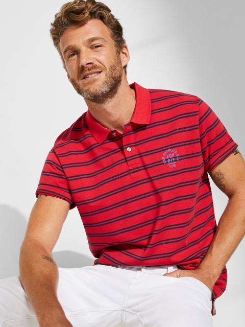 

ESPRIT Men Red & Navy Blue Striped Polo Collar T-shirt
