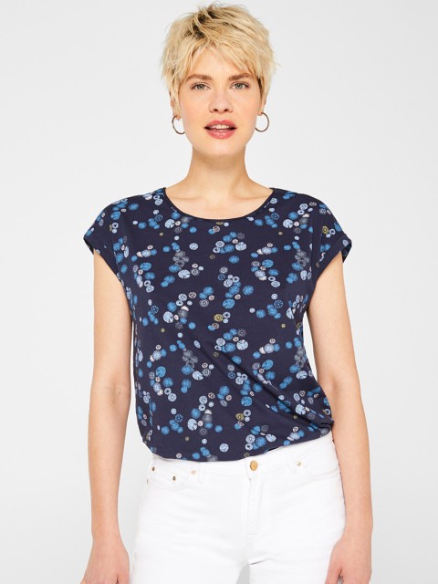 

ESPRIT Women Navy Printed Round Neck T-shirt, Navy blue
