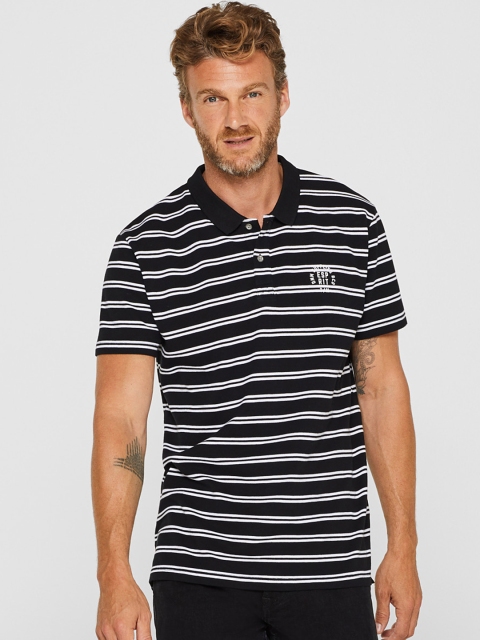 

ESPRIT Men Black & White Striped Polo Collar T-shirt