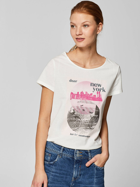 

ESPRIT Women White & Pink Printed Round Neck T-shirt