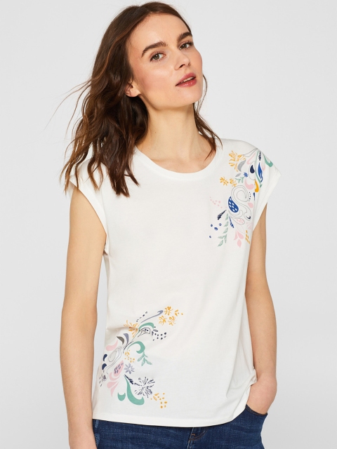 

ESPRIT Women White Printed Round Neck T-shirt