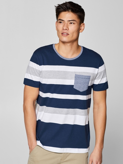 

ESPRIT Men Navy Blue & White Striped Round Neck T-shirt